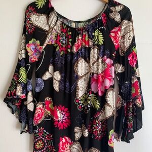 Whimsy/Goth/Peasant black with a Floral/butterfly print blouse and bell sleeves